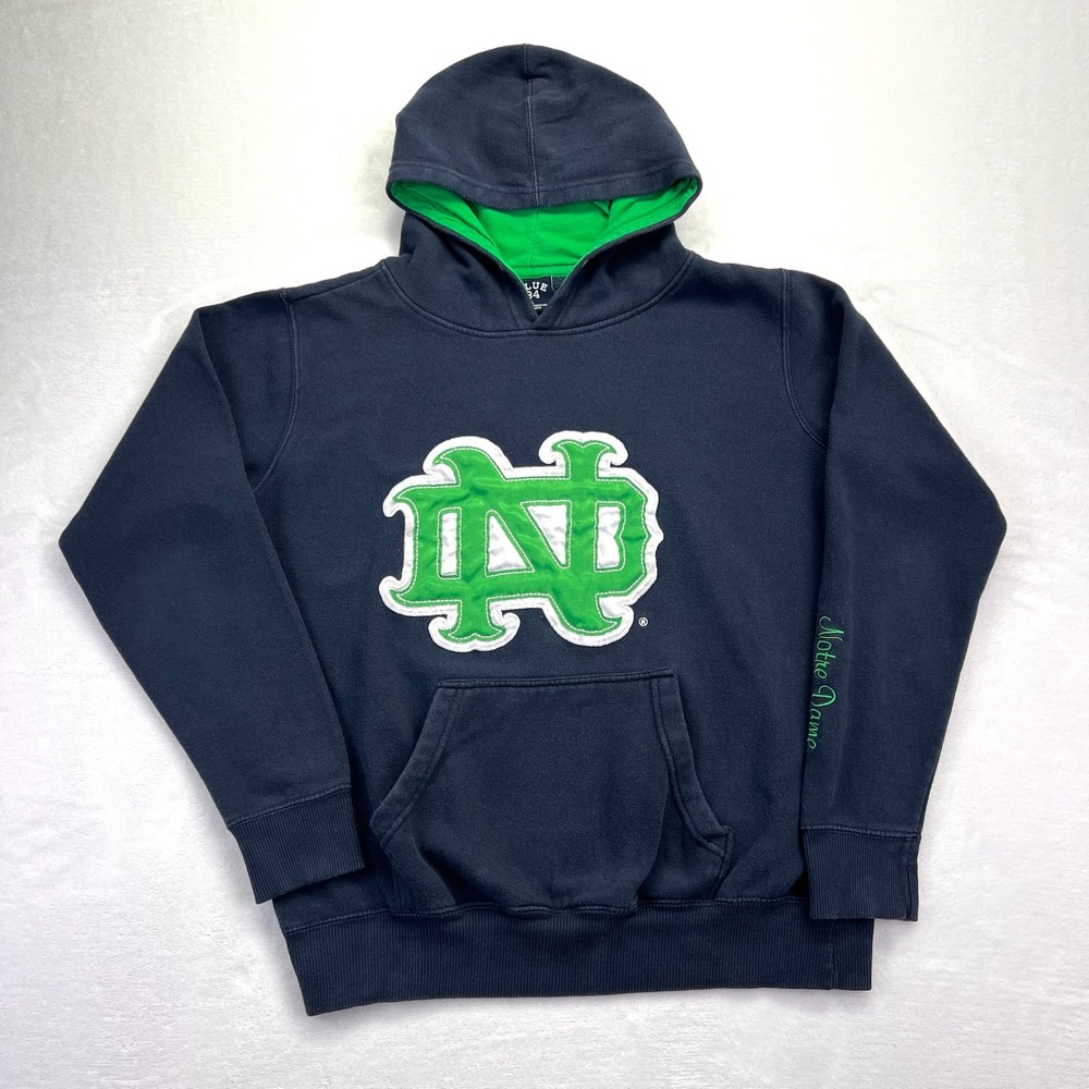 Vintage Notre Dame Fighting Irish Hoodie Navy Blue Green Mens Large Embroidered